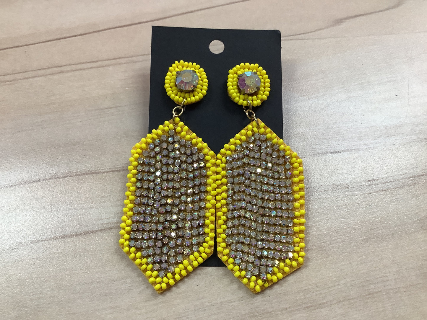 Yellow Beaded with Rhinestones Earrings
