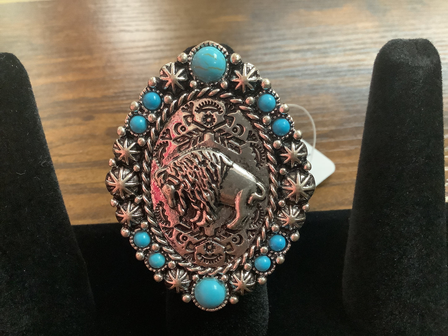 Western Silver and Teal Buffalo Ring