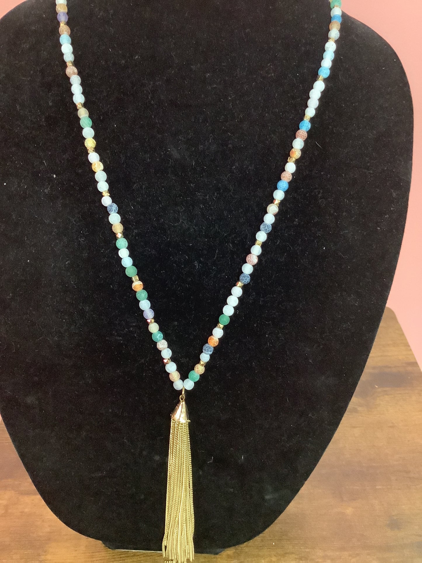 Multi Color Beaded Necklace with Gold Chain Tassel
