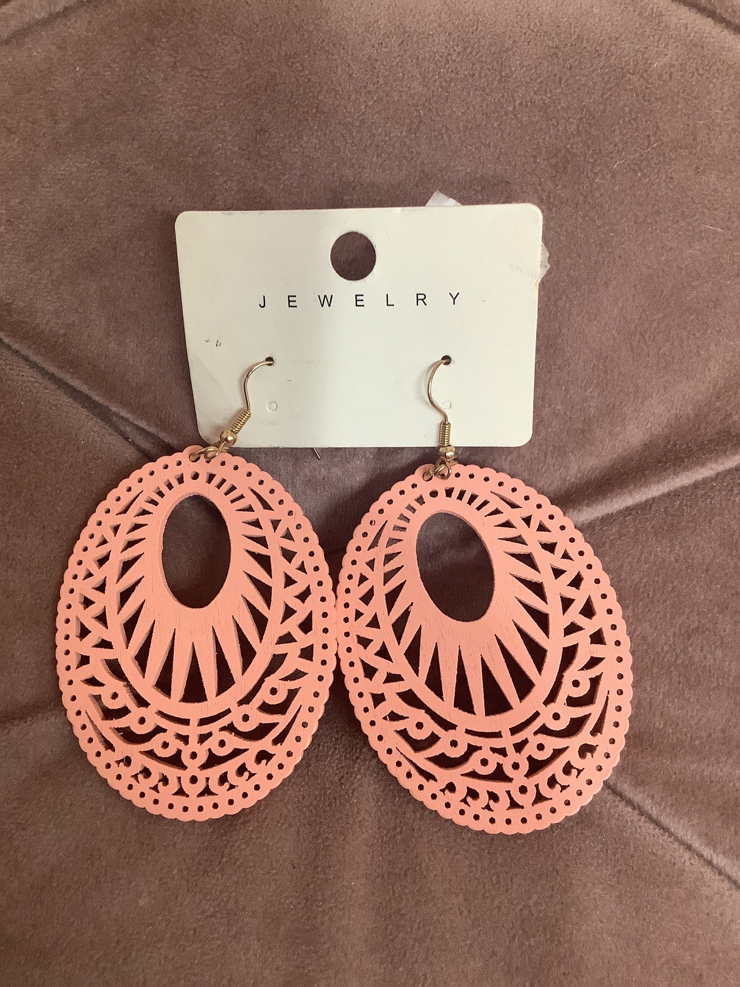 Pink Wooden Oval Earrings