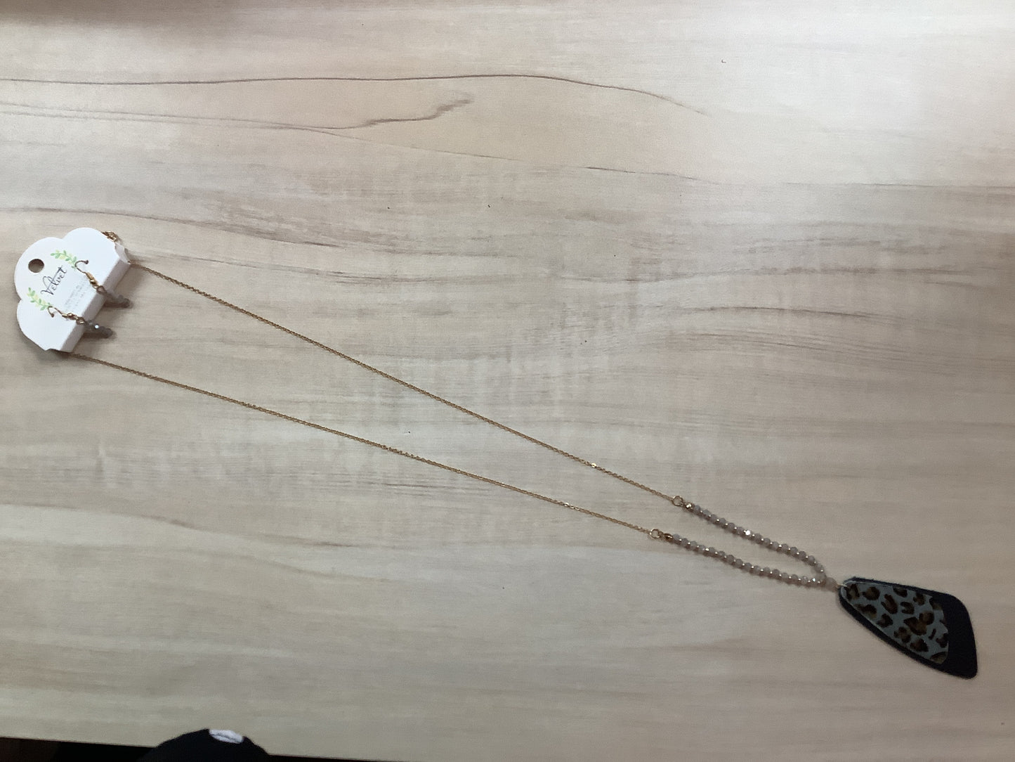 Gold Beaded Necklace with Black Leather Cheetah