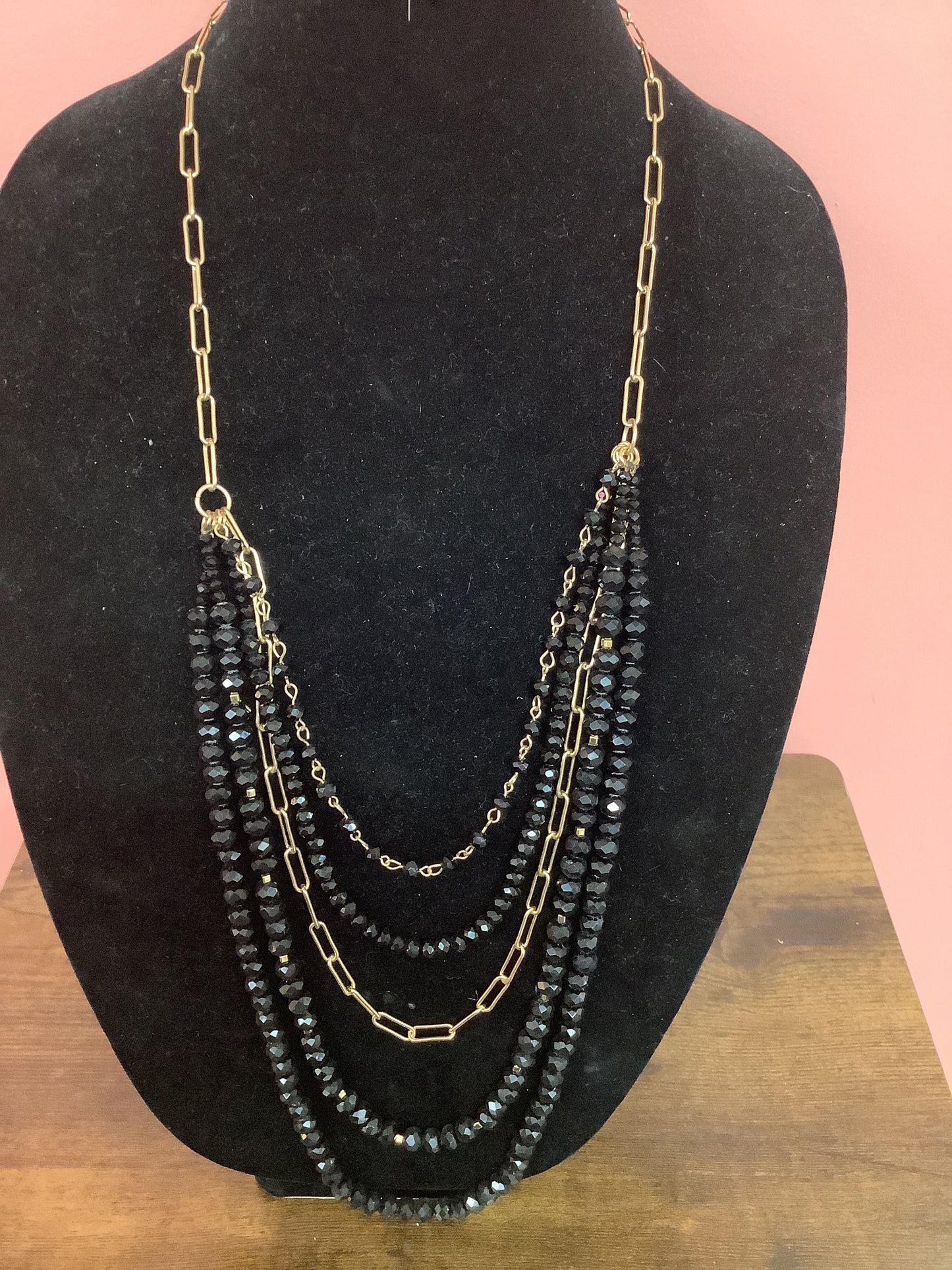 Black Layered Beaded with Gold Necklace