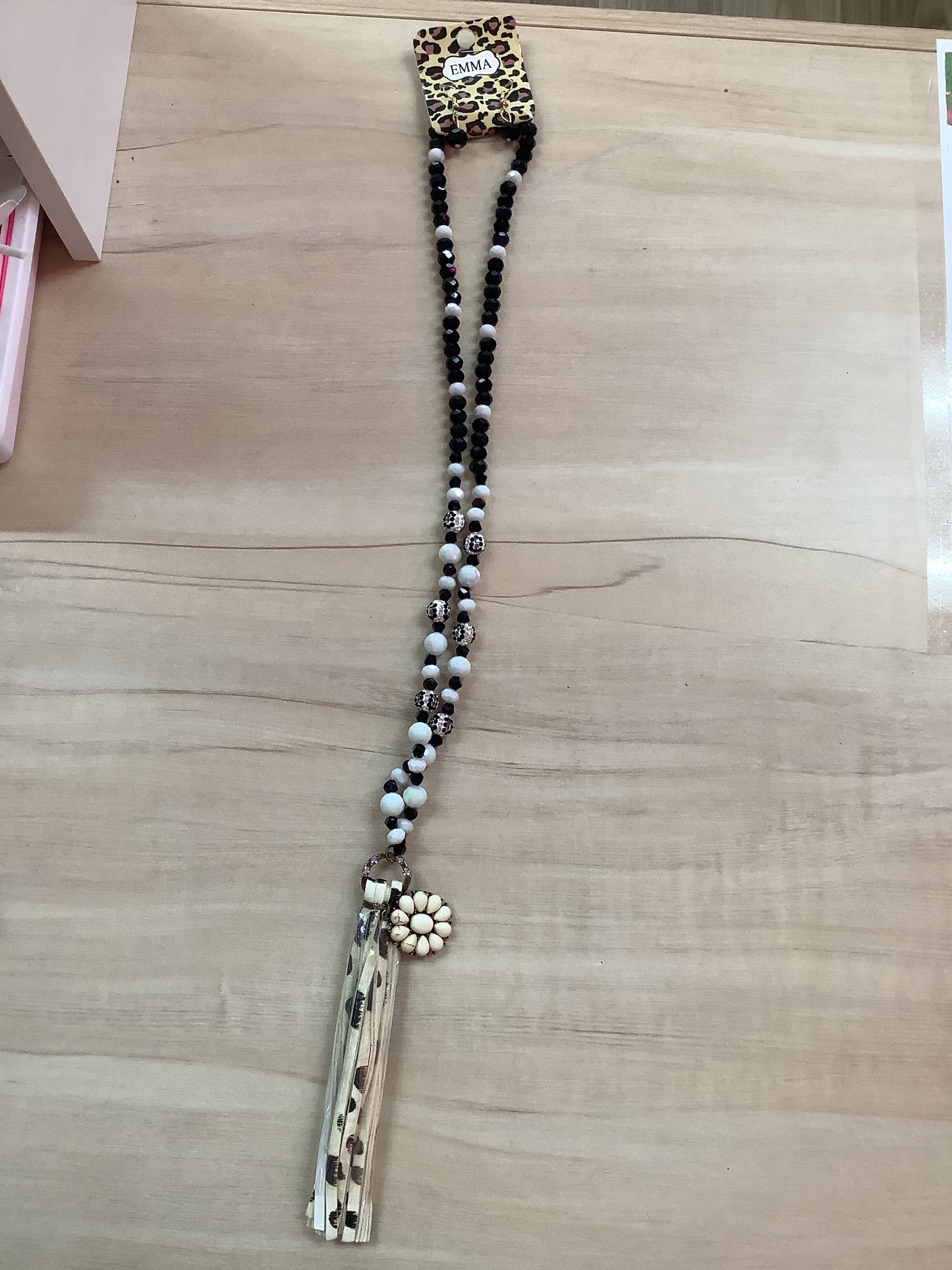 Black And White Cow Print Tassle Necklace With Earrings