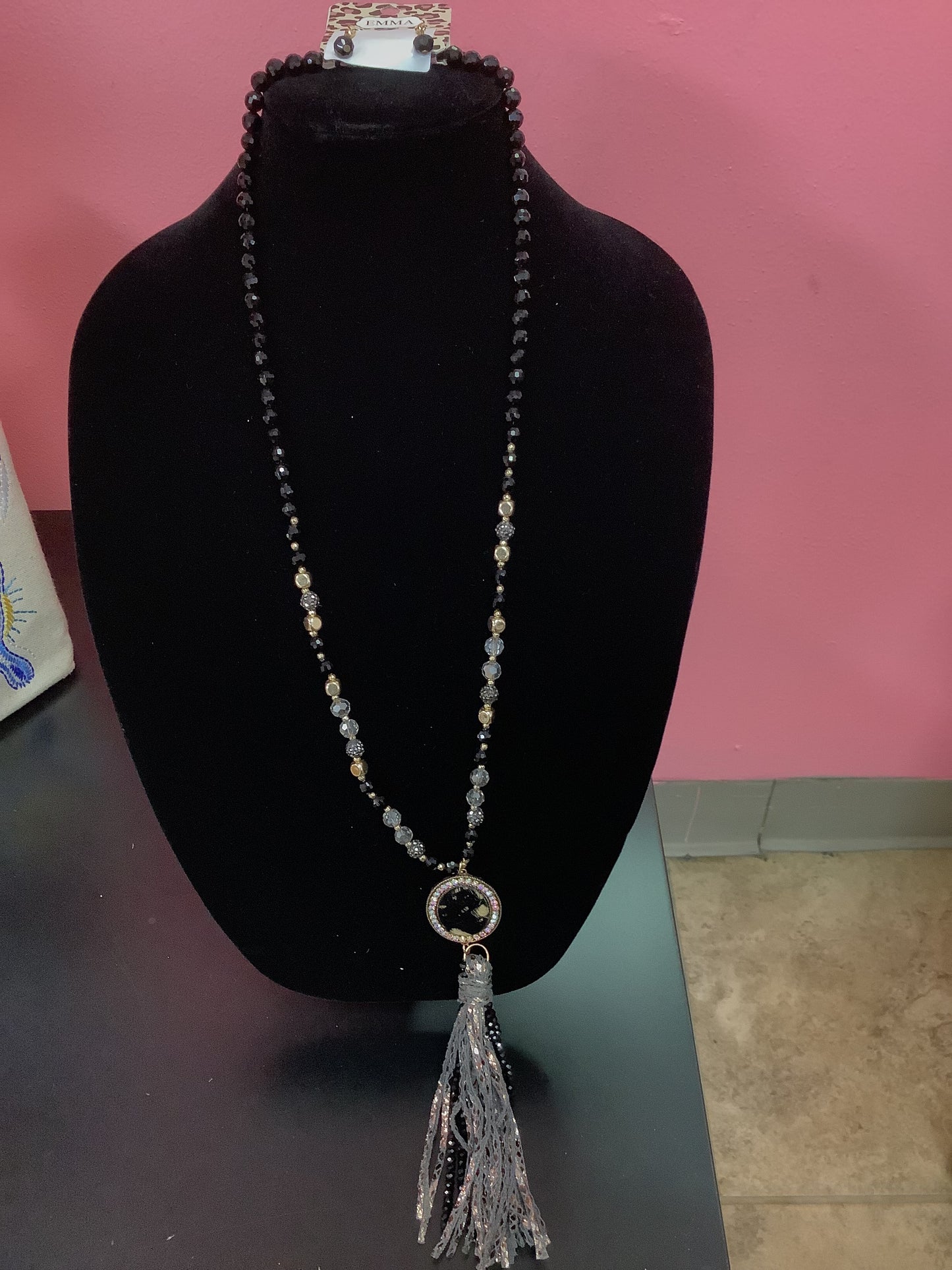 Black and Gold Beaded Necklace Cow print focal