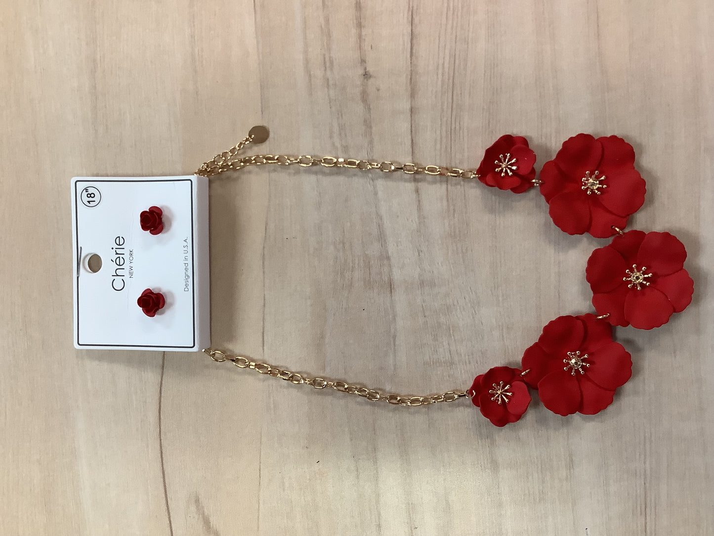 Gold Chain Red Flower Necklace Set