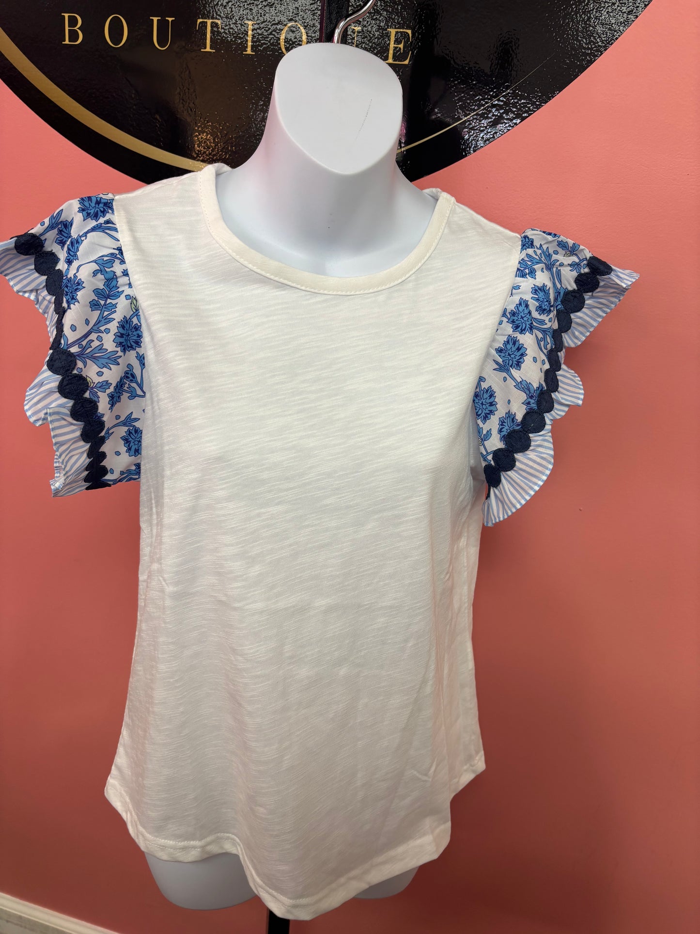 Blue and White Floral Sleeve Shirt