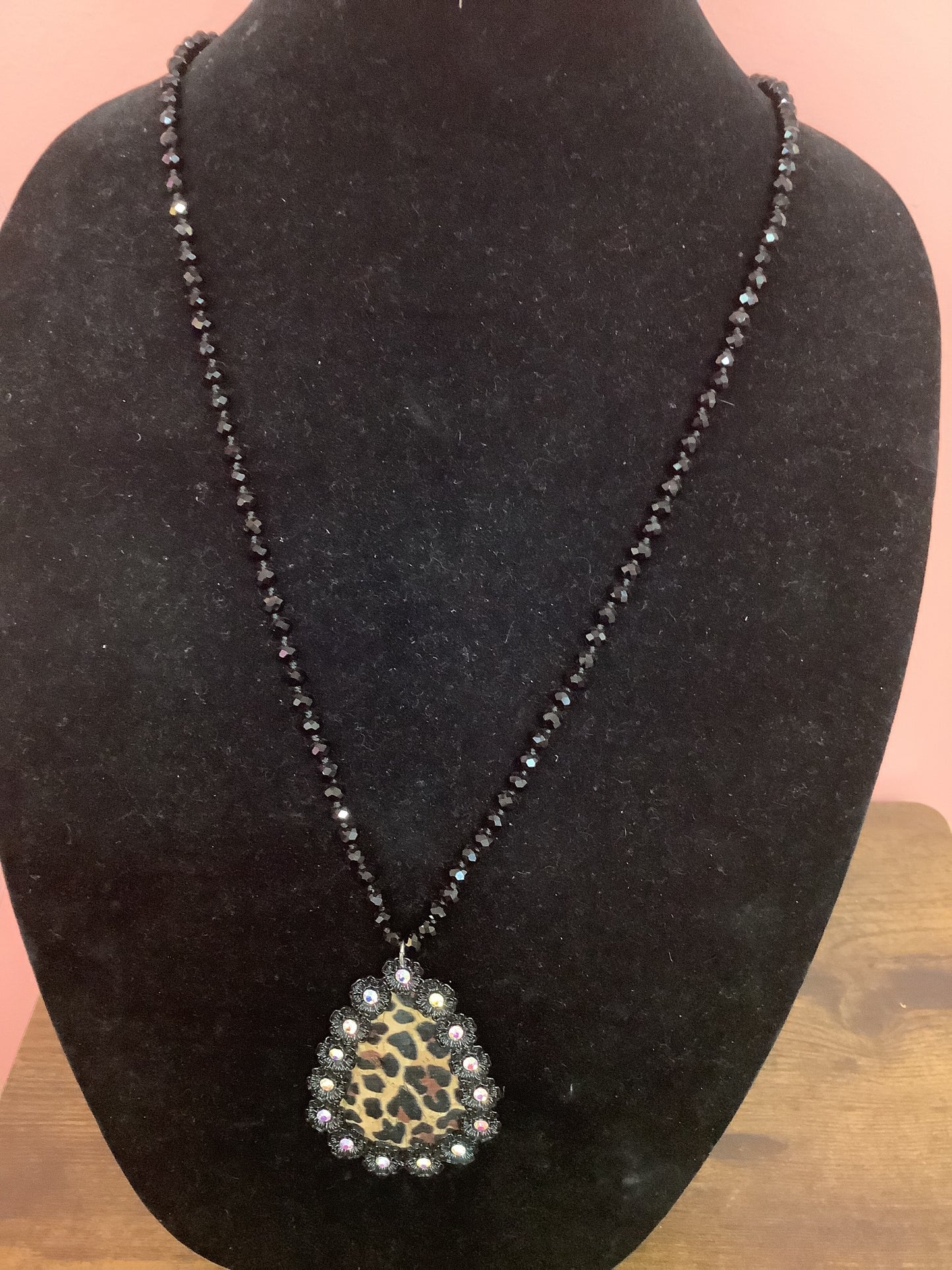 Black Beaded with Cheetah Pendant