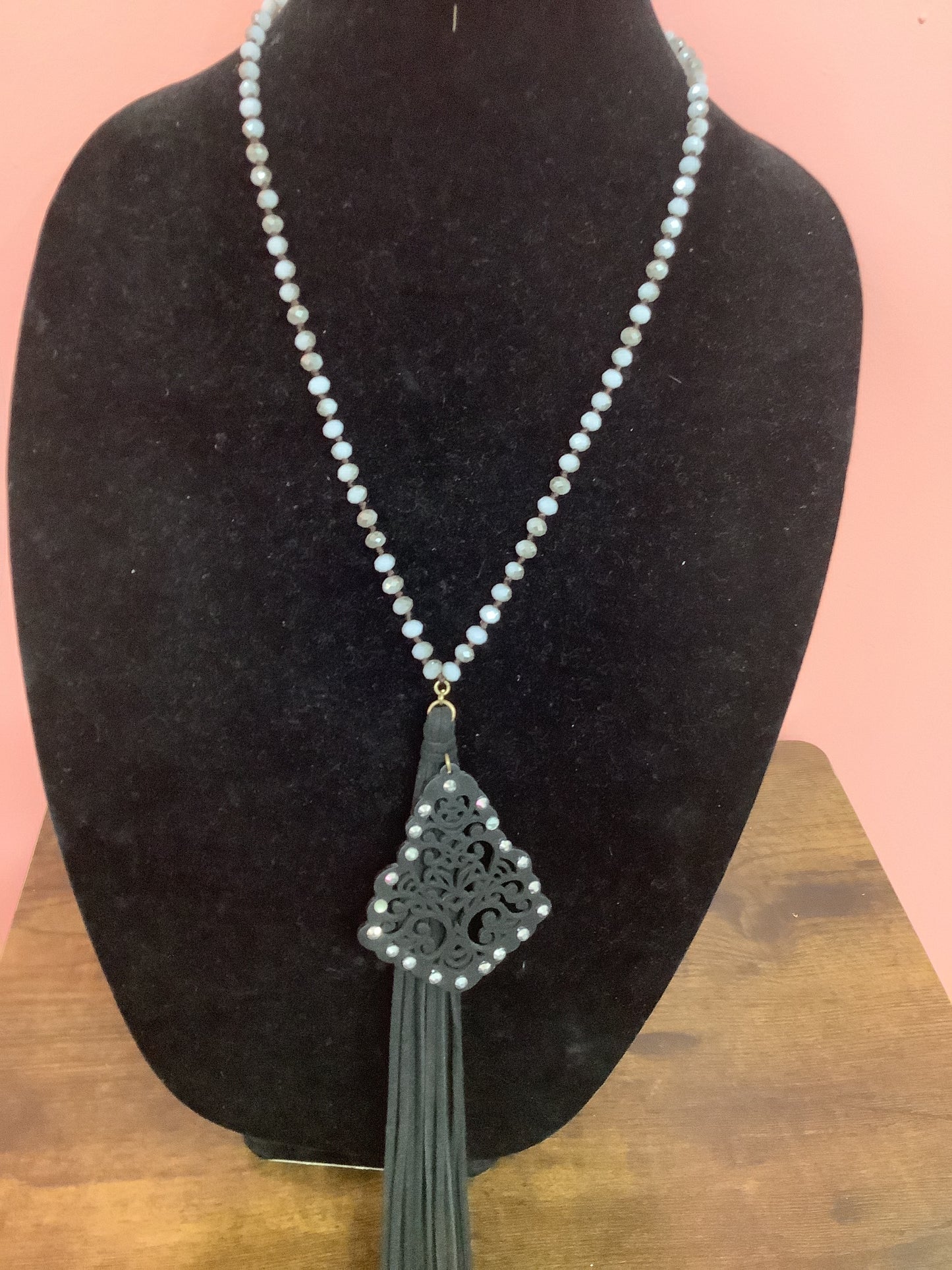 Grey and Black Beaded Necklace with Tassel and Pendant