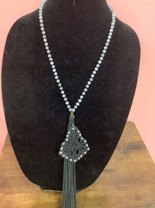 Grey and Black Beaded Necklace with Tassel and Pendant