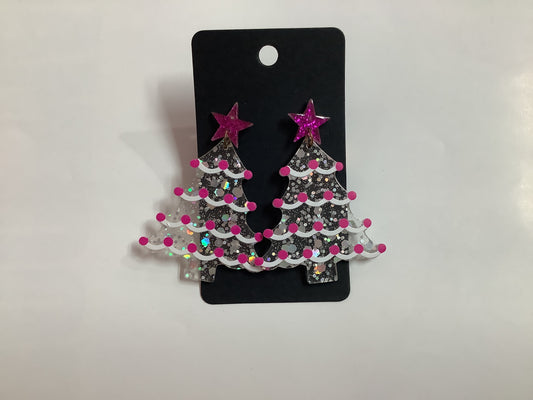 Pink & White Christmas Tree Earrings