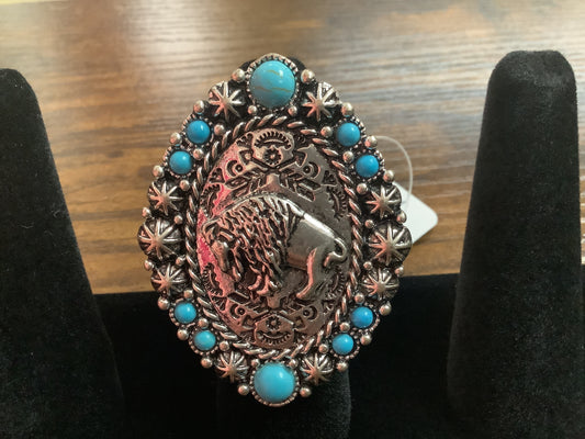 Western Silver and Teal Buffalo Ring