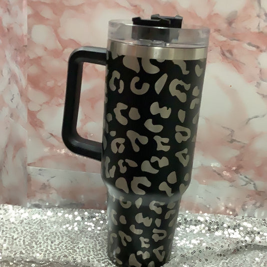 Black cheetah print inspired Stanley cup