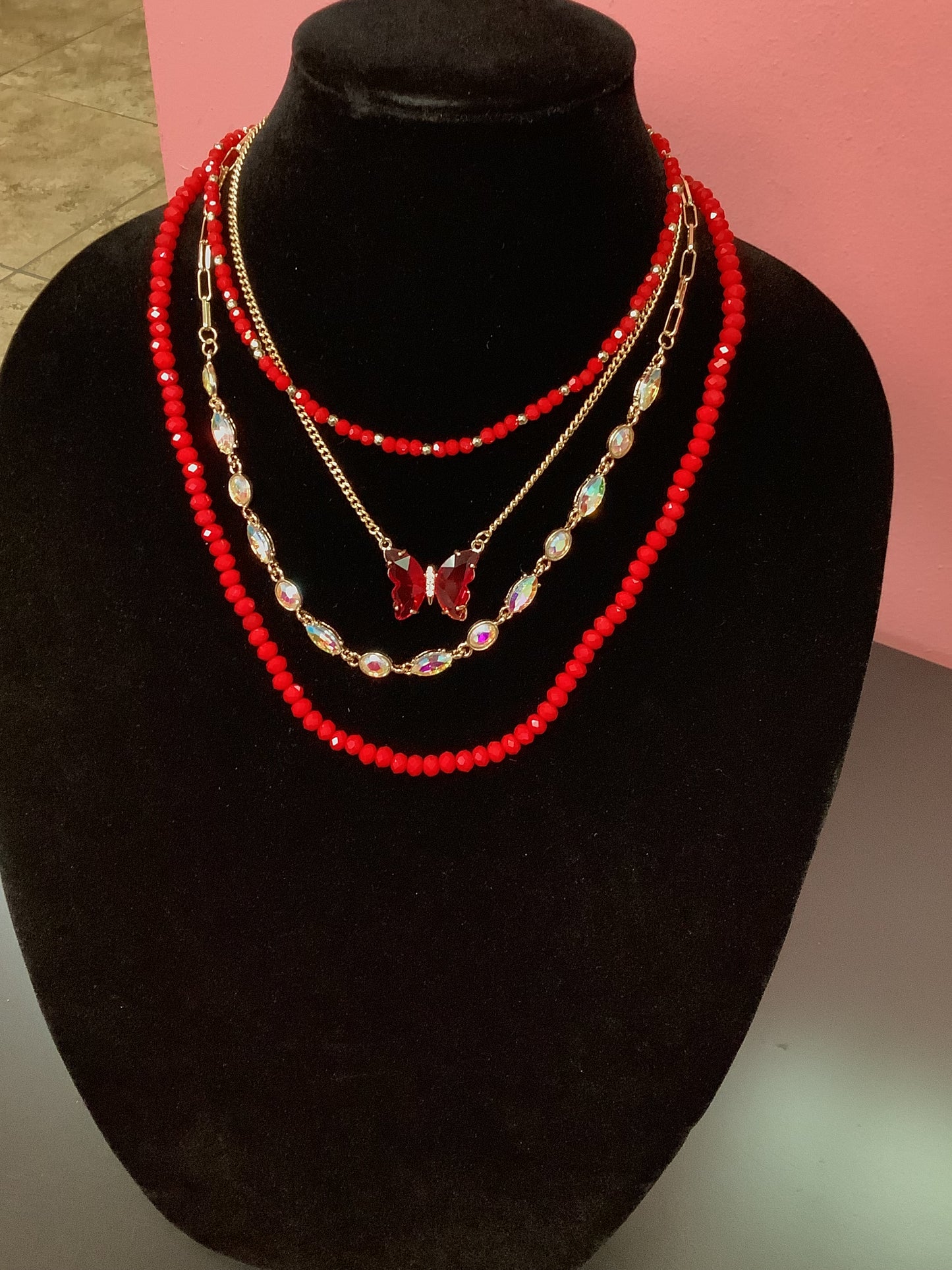 Red Layered Beaded  Necklace
