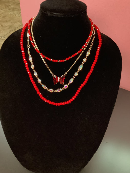 Red Layered Beaded  Necklace