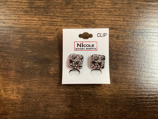 Square Silver Rhinestone Clip Earrings