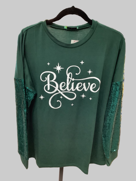 Green Sequin Long Sleeve Top