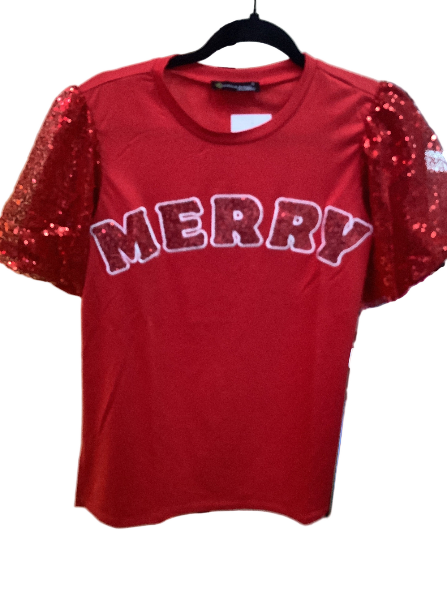 Red Merry Blouse with Sequin Sleeve