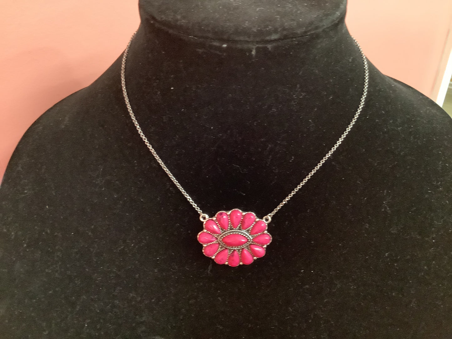 Silver Necklace with Pink Flower Pendant