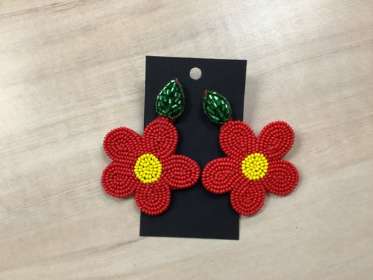 Red Beaded Flower Earrings
