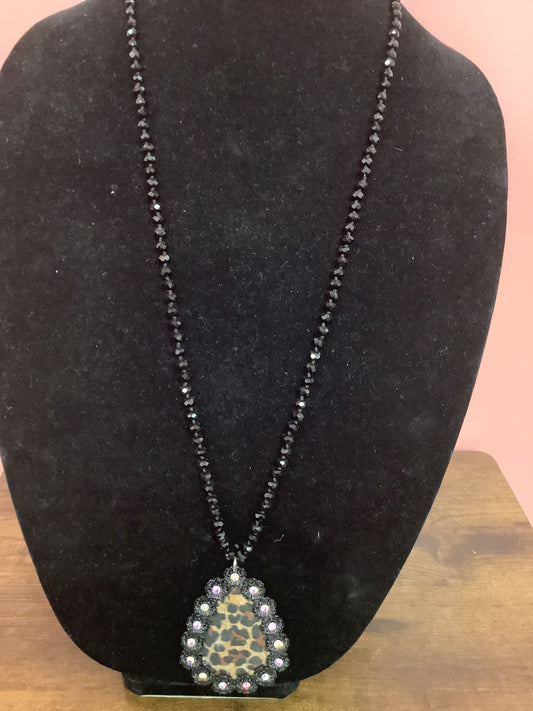 Black Beaded Necklace with Floral Cheetah Print Pendant