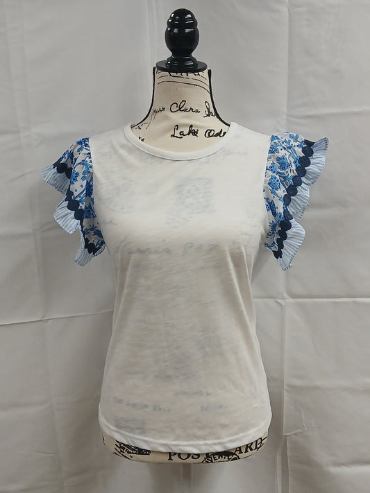 Blue and White Floral Sleeve Shirt